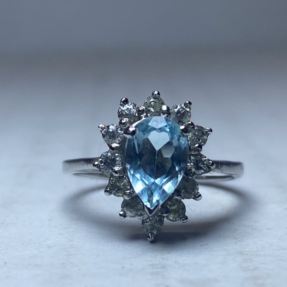 ND 925 Sterling Silver Blue Topaz Halo Ring Natural Blue Pear Ring Women